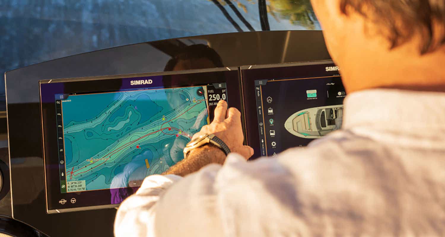 Close-up of the Sundancer 370 helm Simrad display